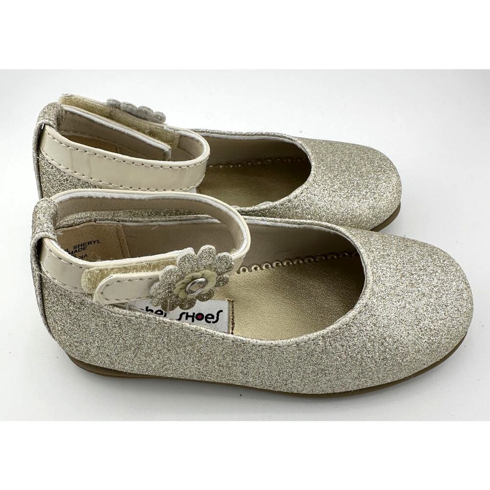 Rachel Shoes Gold Sparkle Ankle Strap Flats Dress Flower Toddler Size 7 NWOB